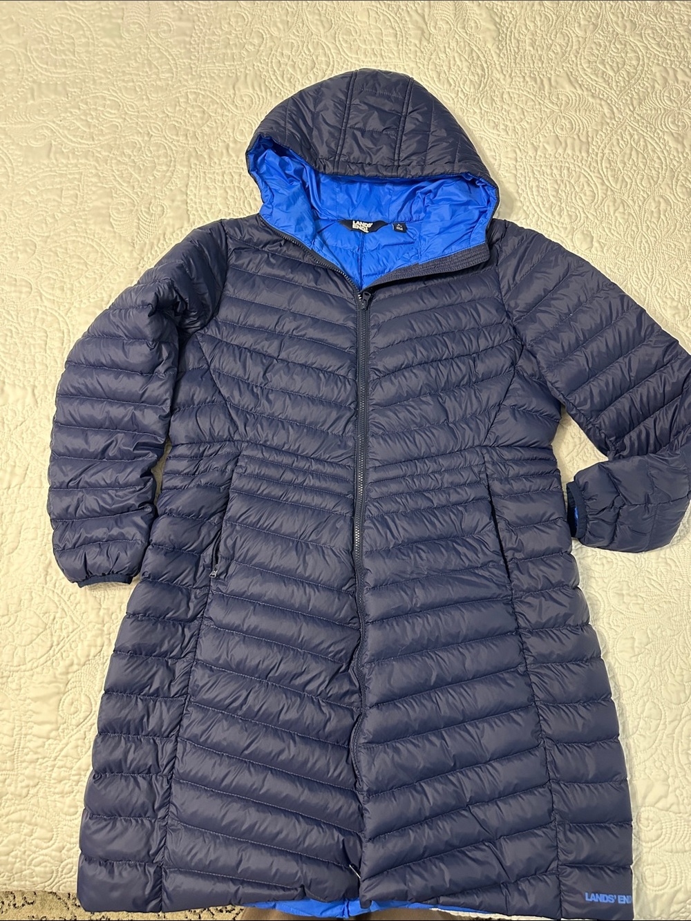 Lands' End Women's Navy Long Packable Puffer Coat with Bright Blue Lining